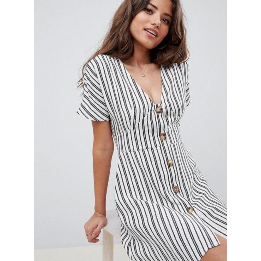 ASOS Striped Plunge Neck Button Shirt Dress | Size 6